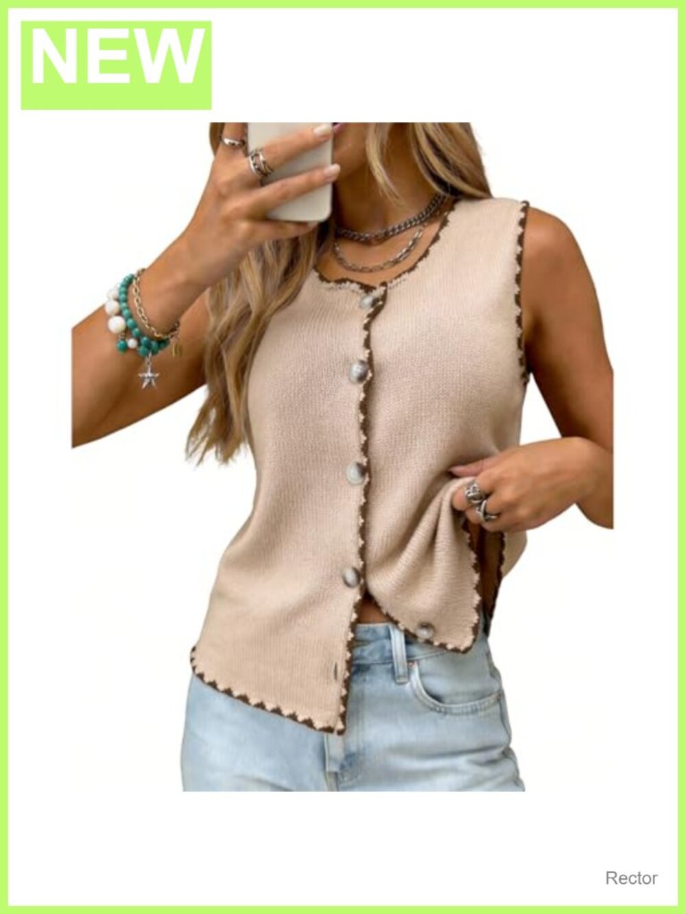 Sleeveless Button Down Knit Sweater Vest Crew Neck Color Block Top